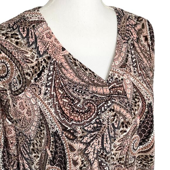 Amana Brown Peach Textured Paisley V Neck Blouse Top 2X - Picture 2 of 6